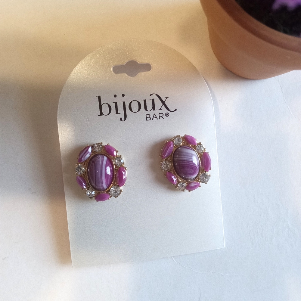 Bijoux Bar Stripe Agate Gemstone Rhinestone Oval Purple Vintage Earrings
